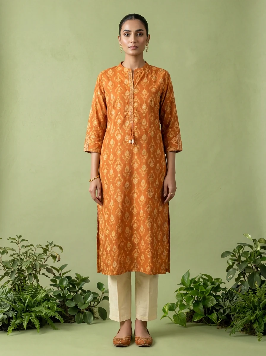 Orange Cotton Patch Embroidered And Printed Kurta - Image 2