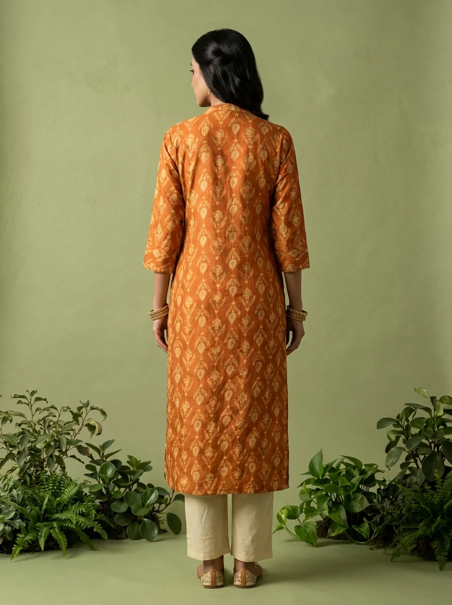 Orange Cotton Patch Embroidered And Printed Kurta - Image 3