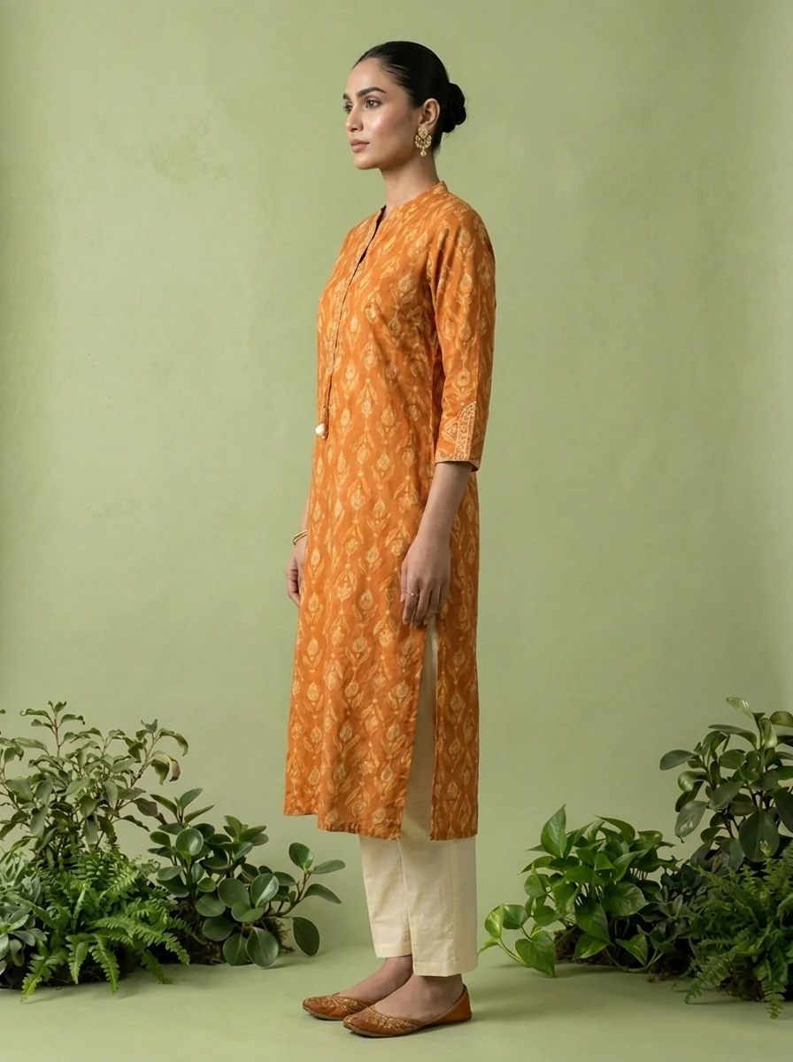 Orange Cotton Patch Embroidered And Printed Kurta - Image 4