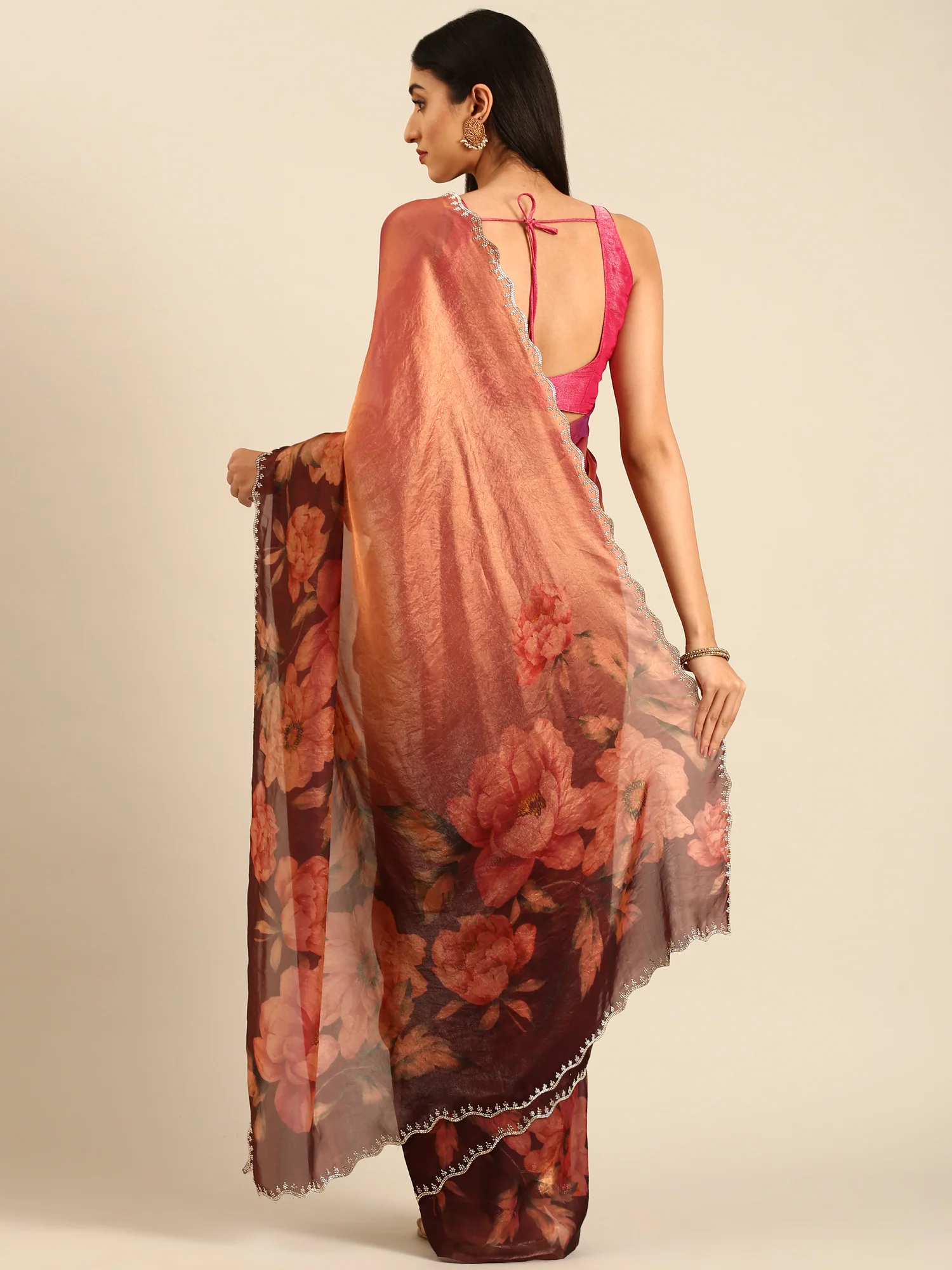 Gold & Maroon Floral Printed Jimmy Tissue Saree With Swarovski Embroidery - Image 2