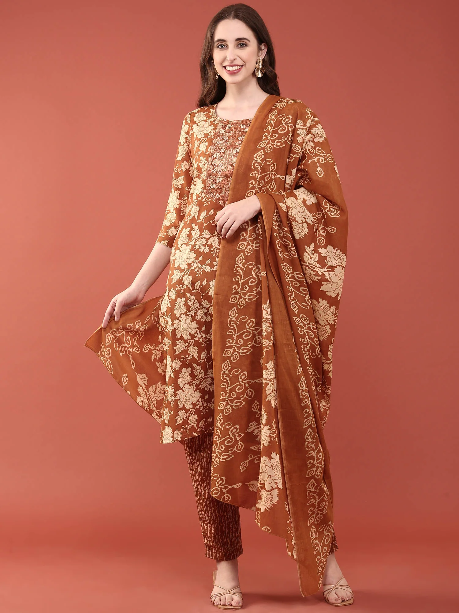 Gold Modal Silk Floral Digital Print Three Piece Set