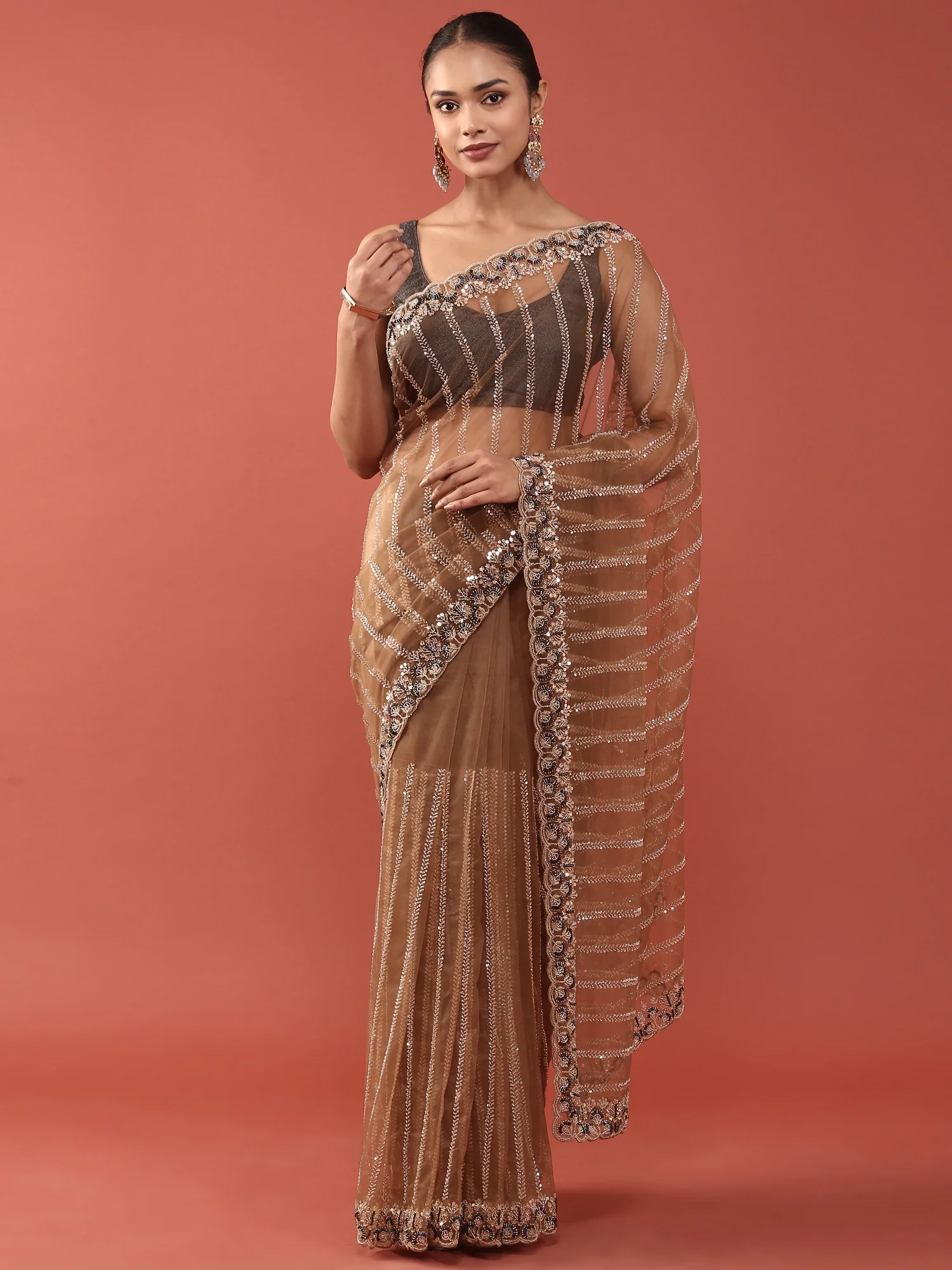 Gold Net Embroidery Saree
