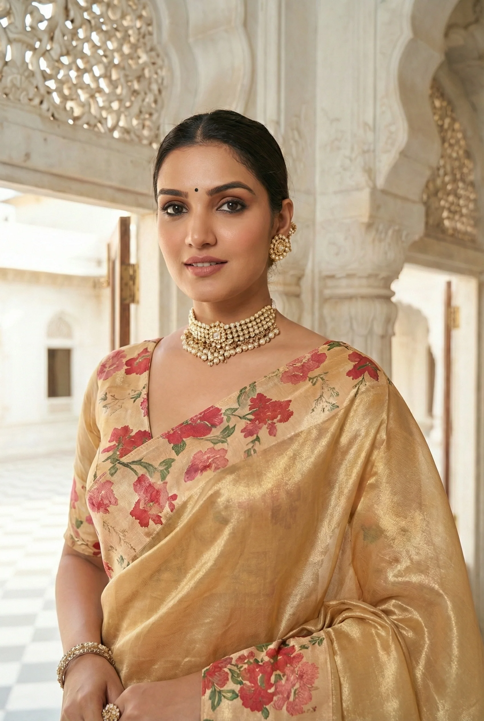 Gold Organza Floral Printed Saree - Image 2