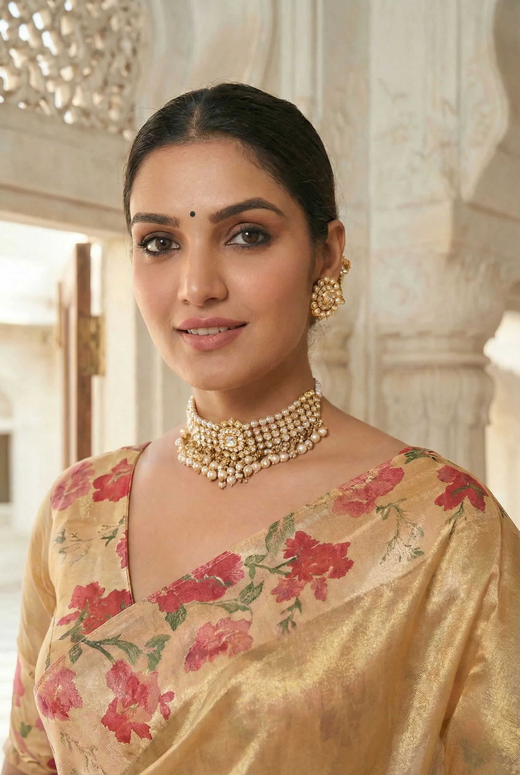 Gold Organza Floral Printed Saree - Image 3