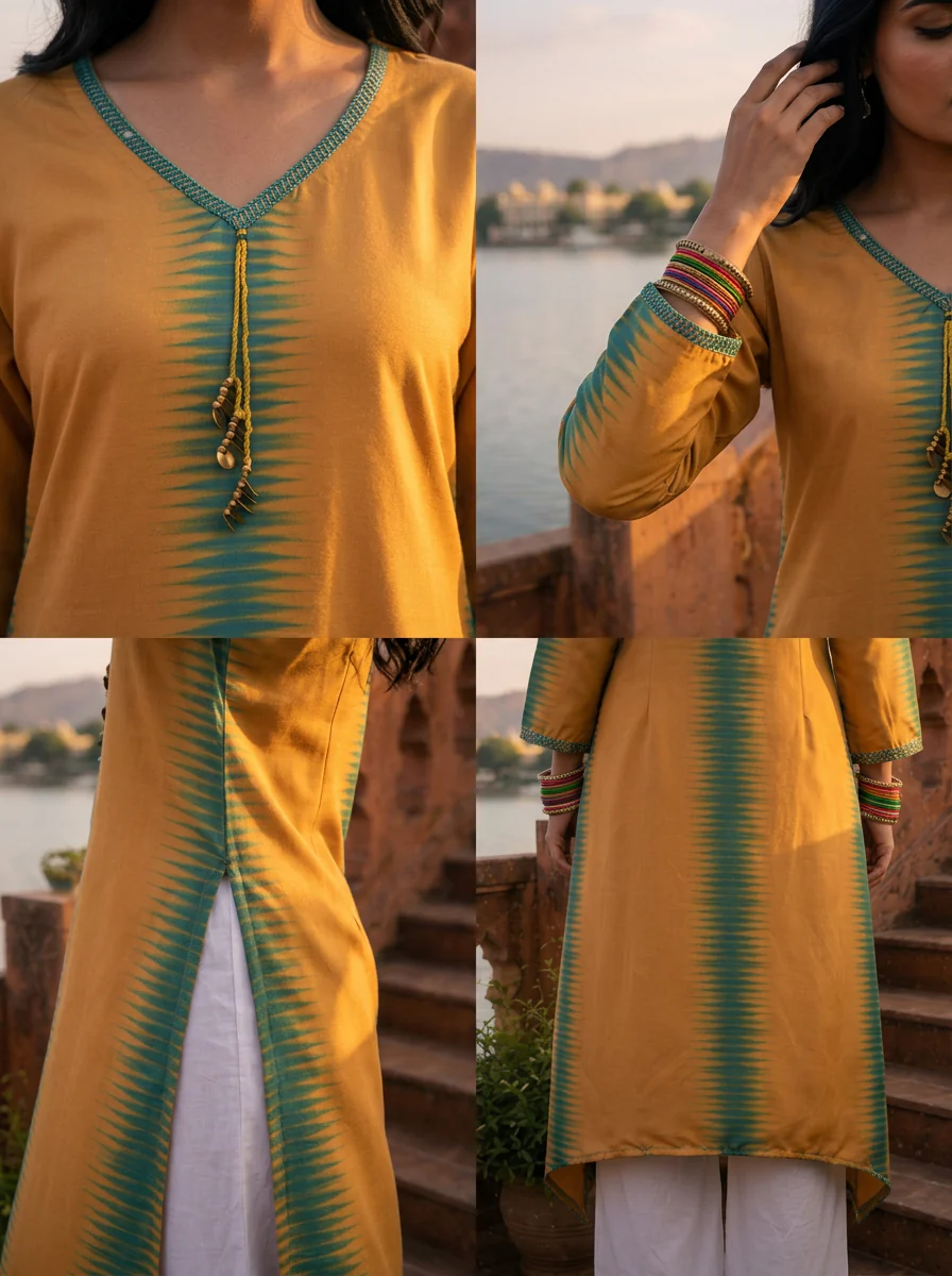 Gold Rayon Shibori Printed Kurta - Image 4