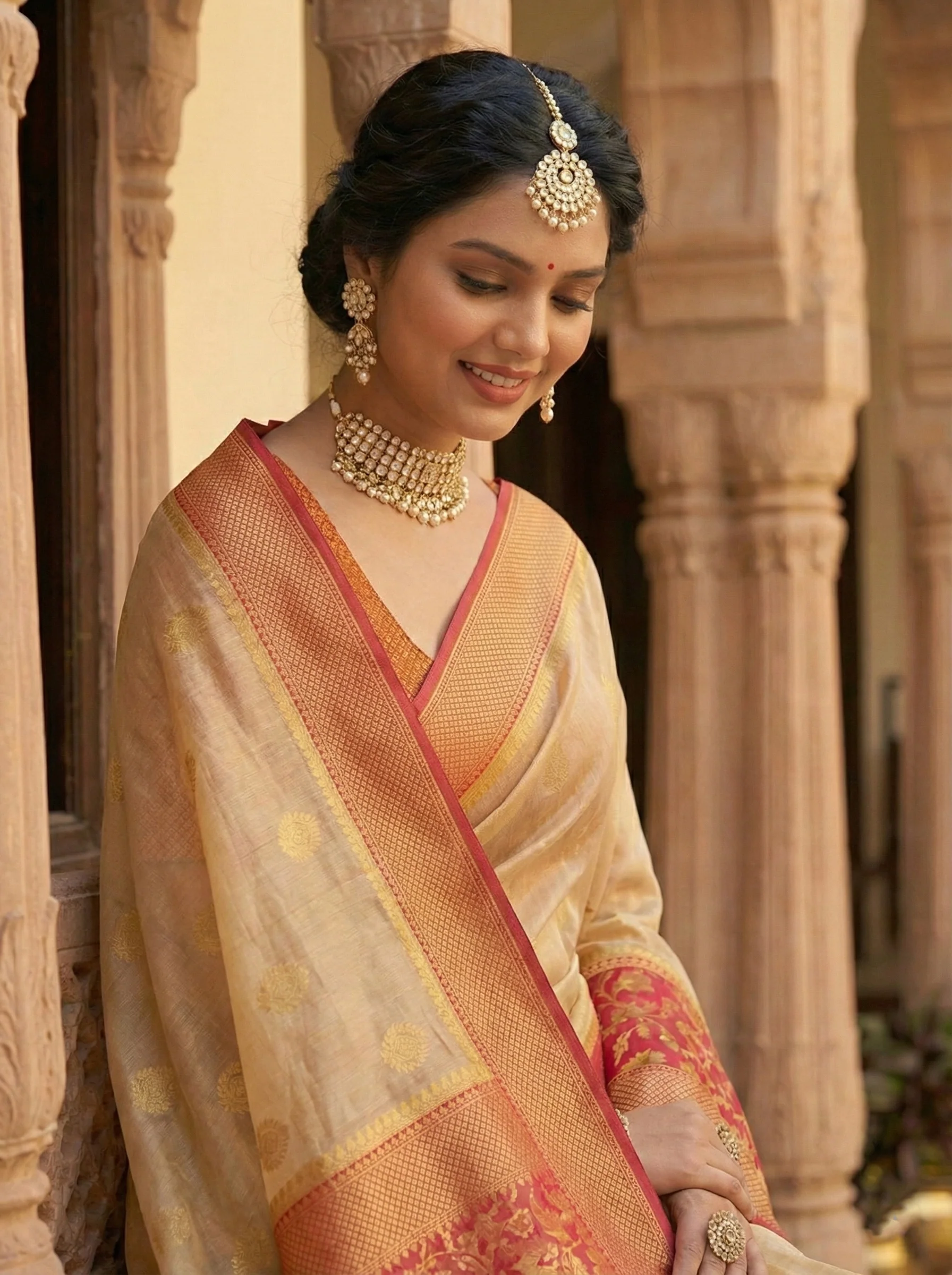 Gold Silk Floral Digital Print Saree - Image 2