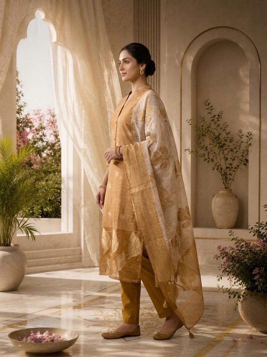 Gold Silk Three Piece Set With Gold Leaf Motifs - Image 3