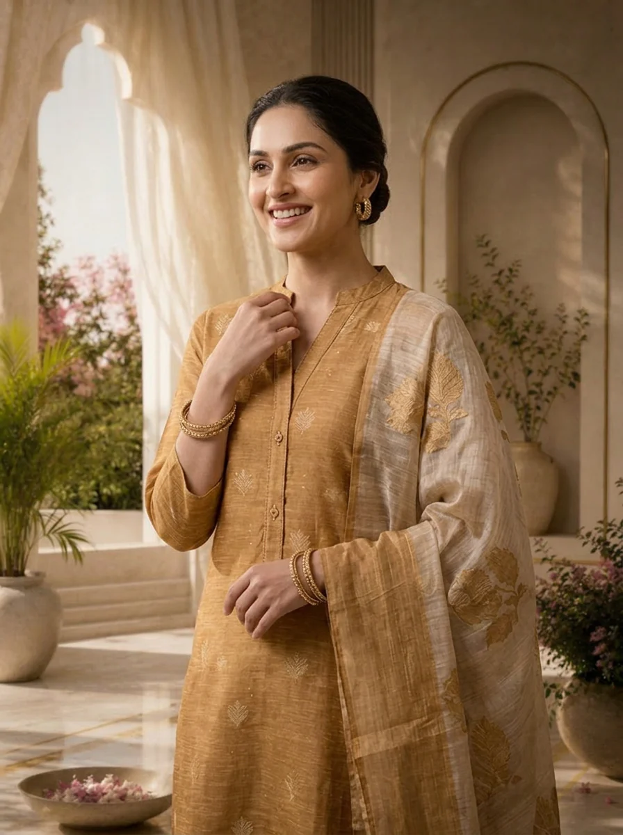 Gold Silk Three Piece Set With Gold Leaf Motifs - Image 4