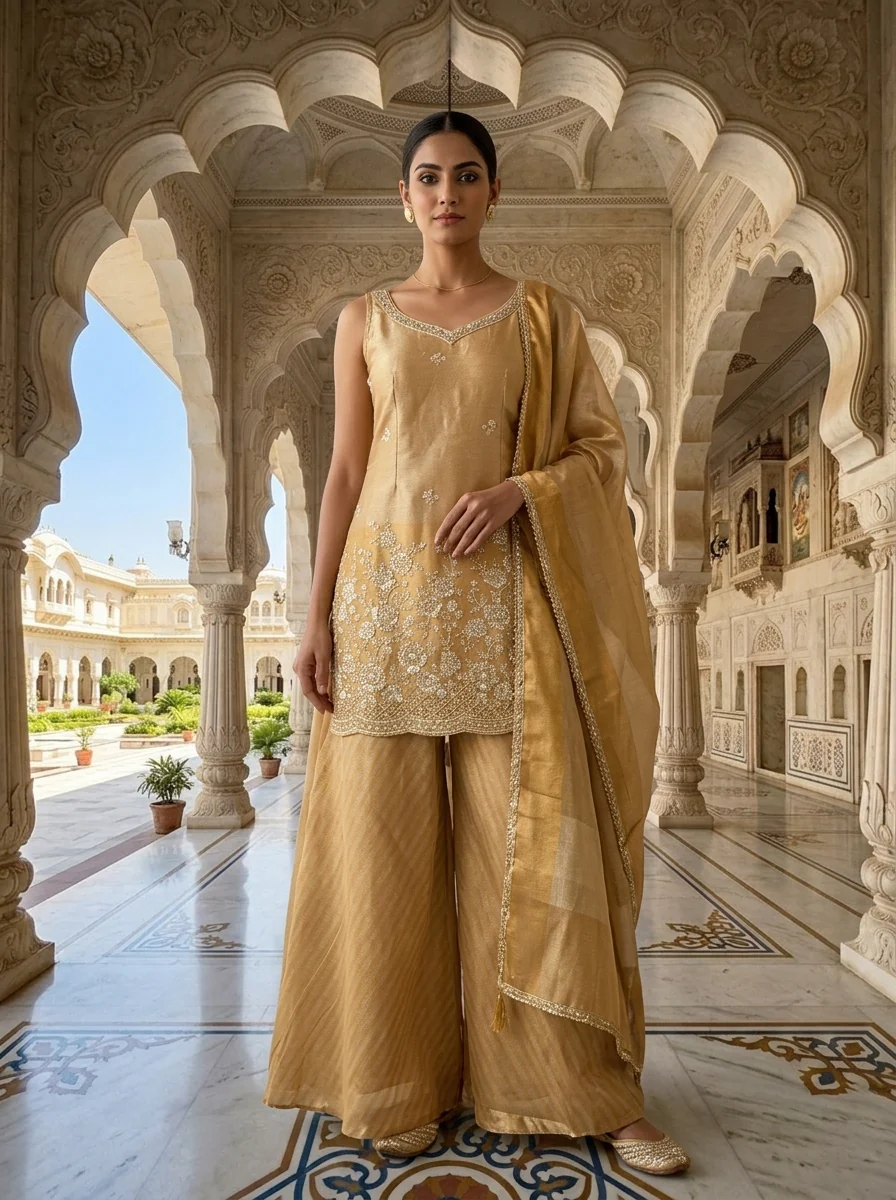 Gold Tissue Aari Floral Embroidery Kurti And Palazzo Set