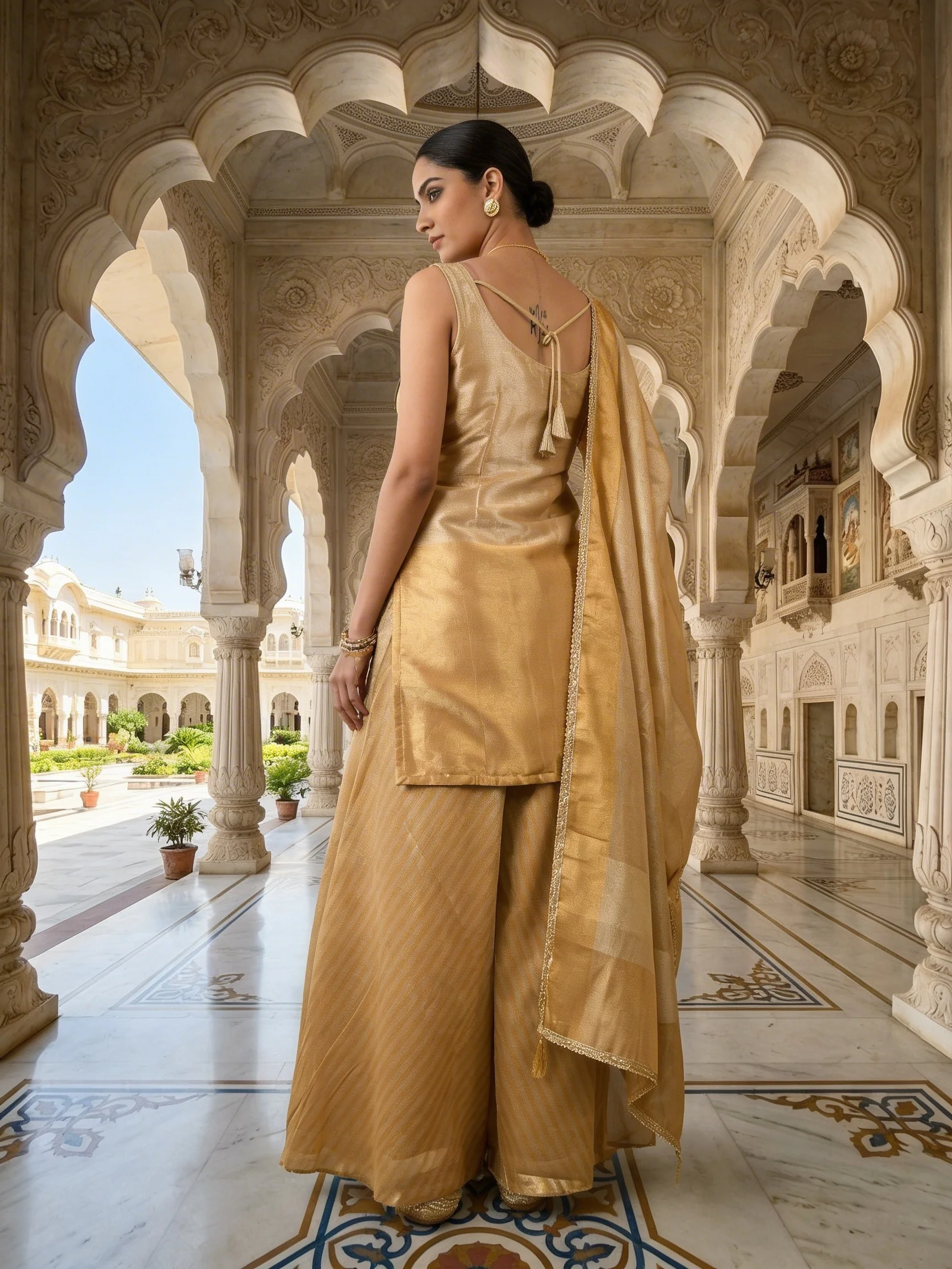 Gold Tissue Aari Floral Embroidery Kurti And Palazzo Set - Image 2