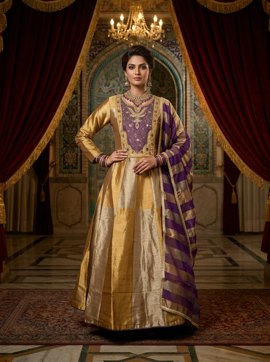 Gold Tissue Beads And Sequins Embroidery Three Piece Set