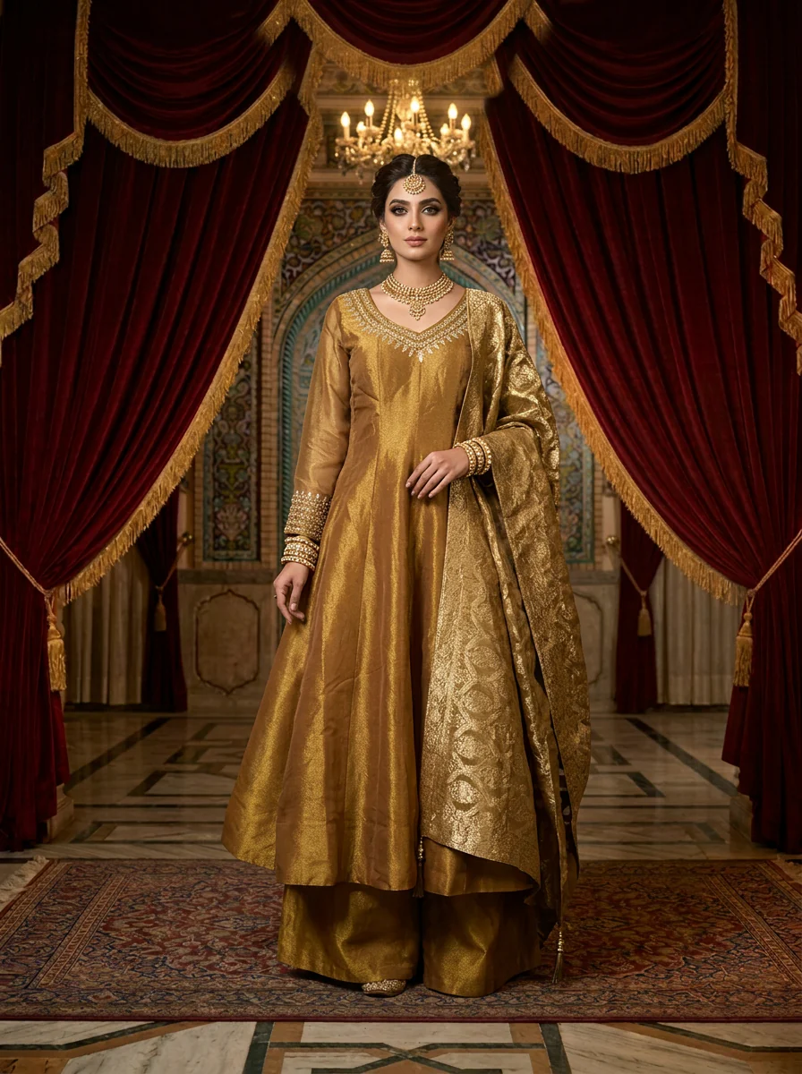 Gold Tissue Three Piece Set With Printed Duppata