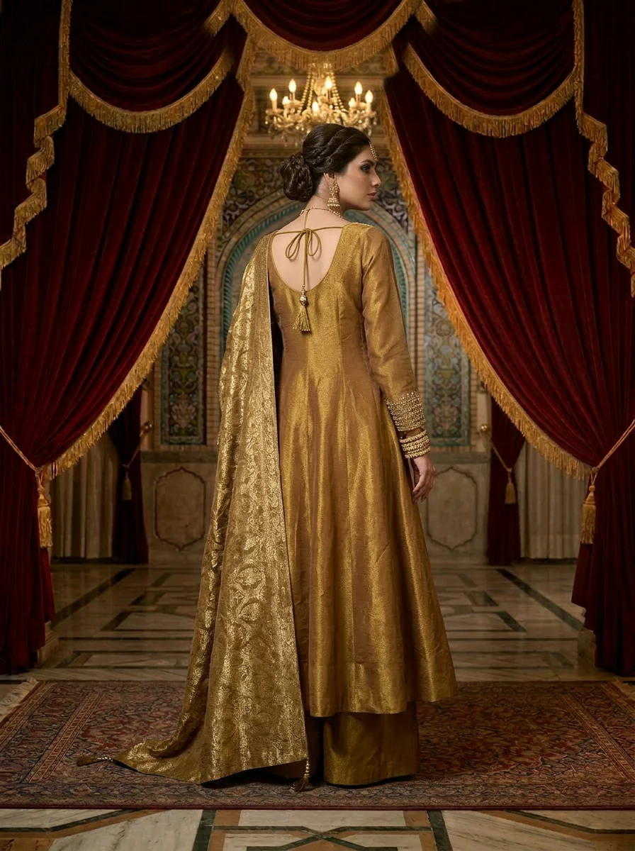 Gold Tissue Three Piece Set With Printed Duppata - Image 2