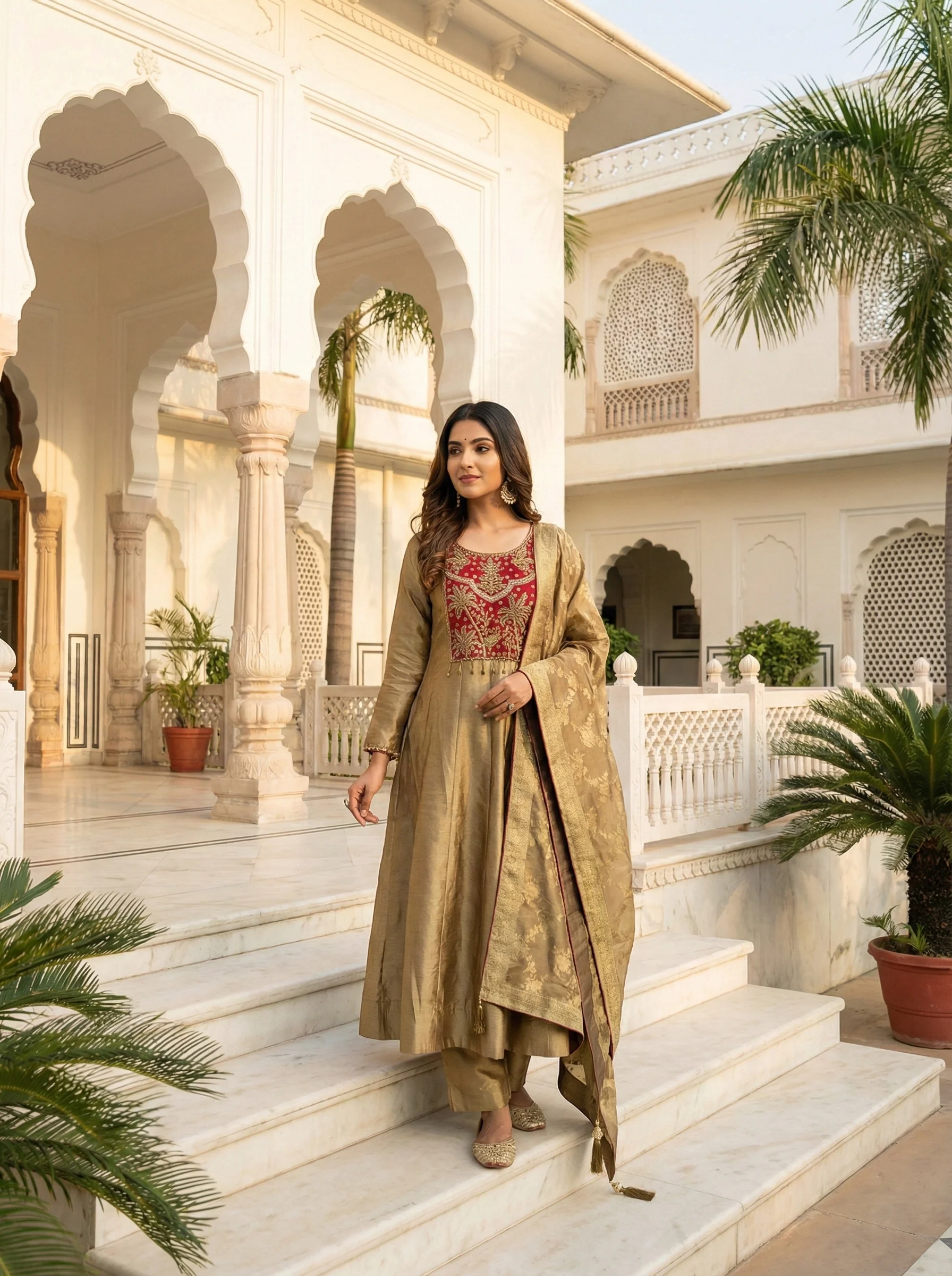 Gold Tissue Zari Embroidered Anarkali Set - Image 2