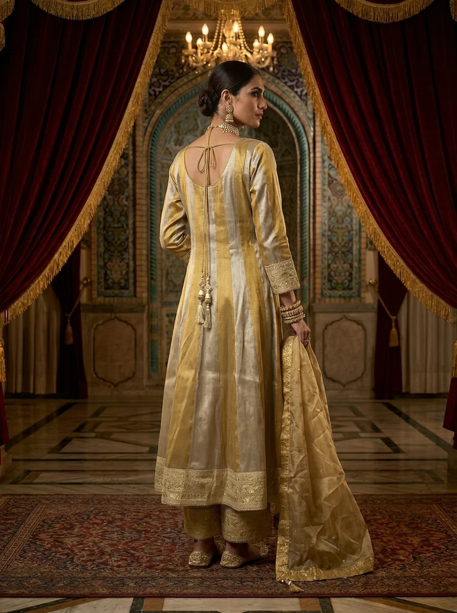 Gold Tissue Zari Embroidery Three Piece Set - Image 2