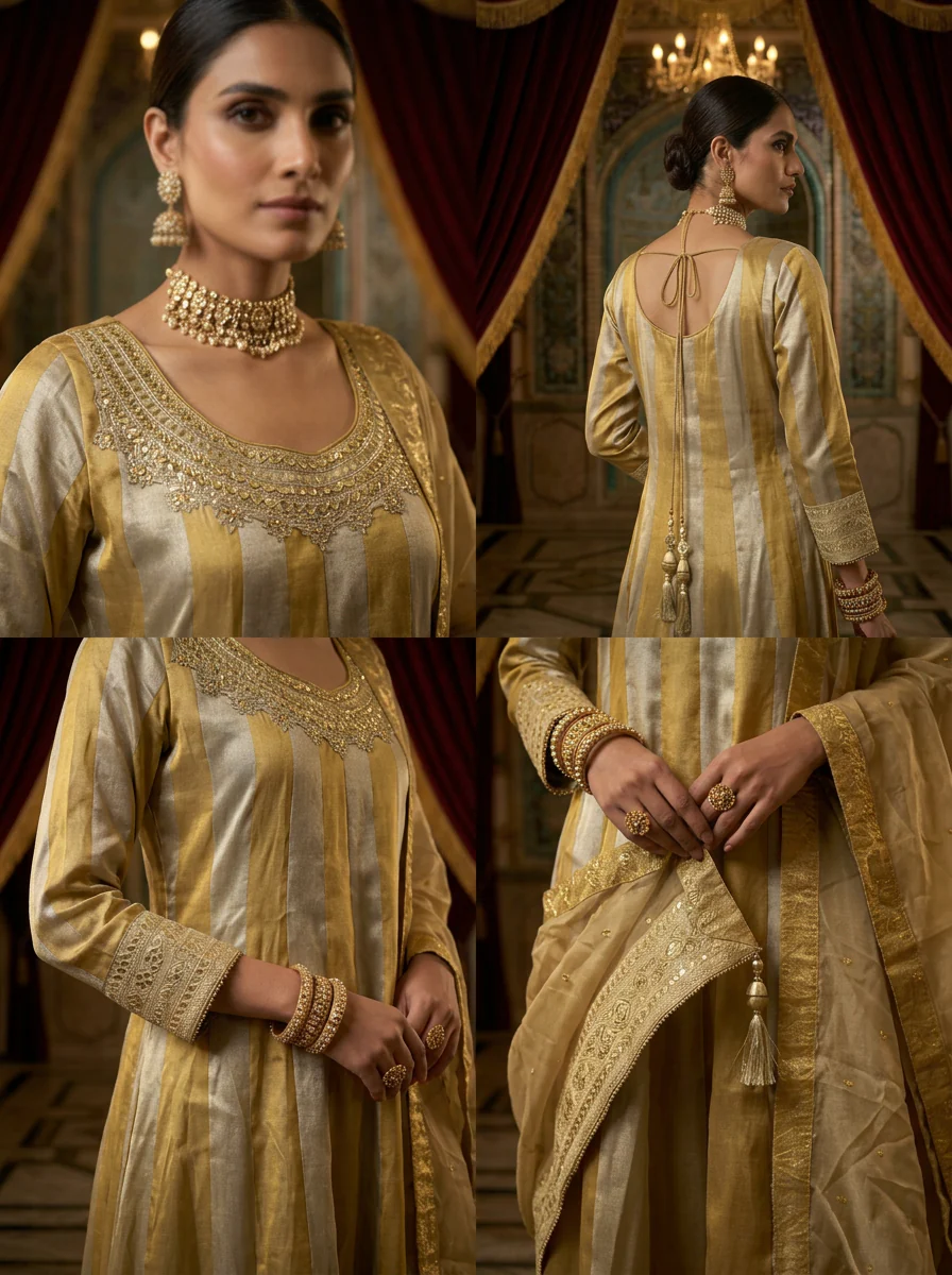 Gold Tissue Zari Embroidery Three Piece Set - Image 3