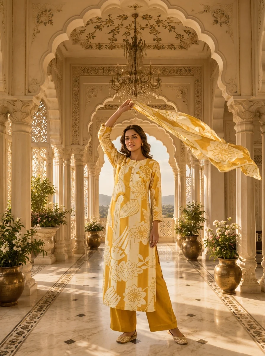 Golden And Cream Linen Floral Printed Three Piece Set