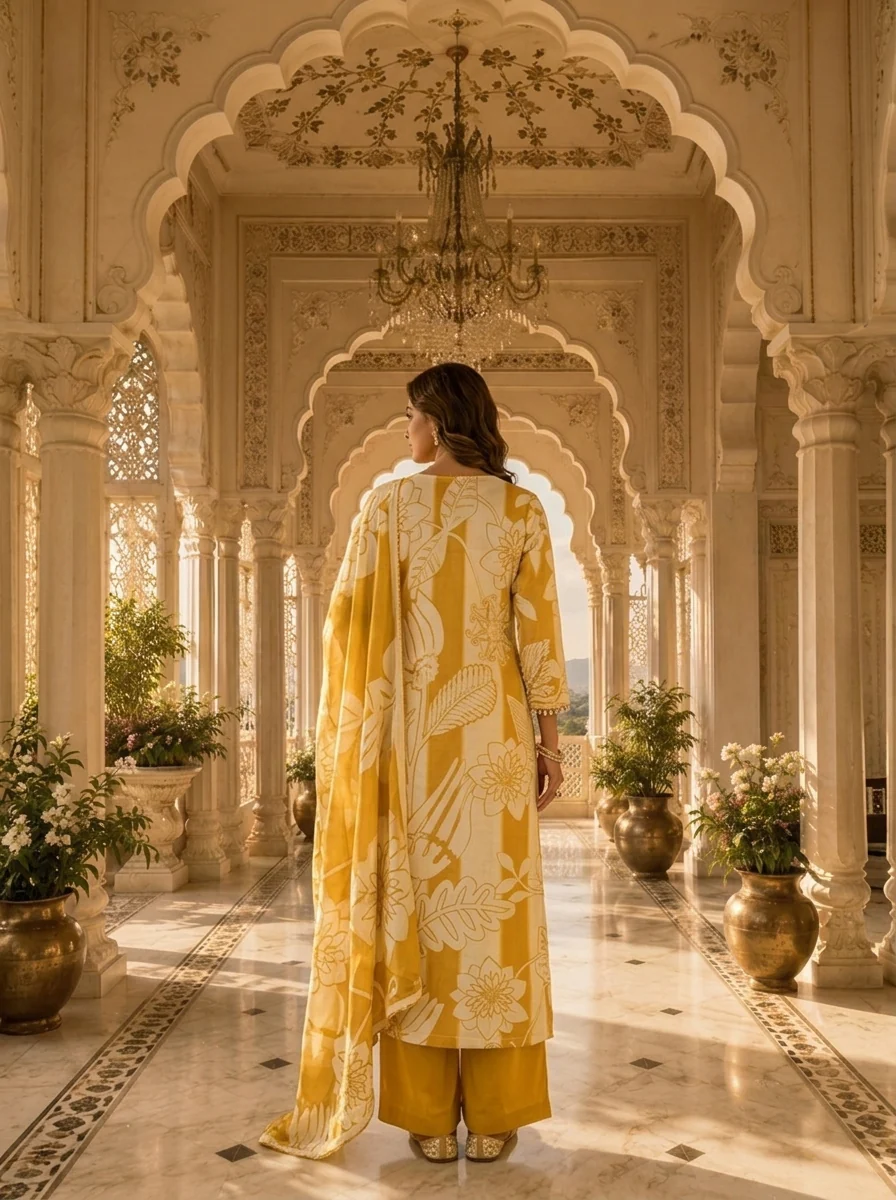 Golden And Cream Linen Floral Printed Three Piece Set - Image 2