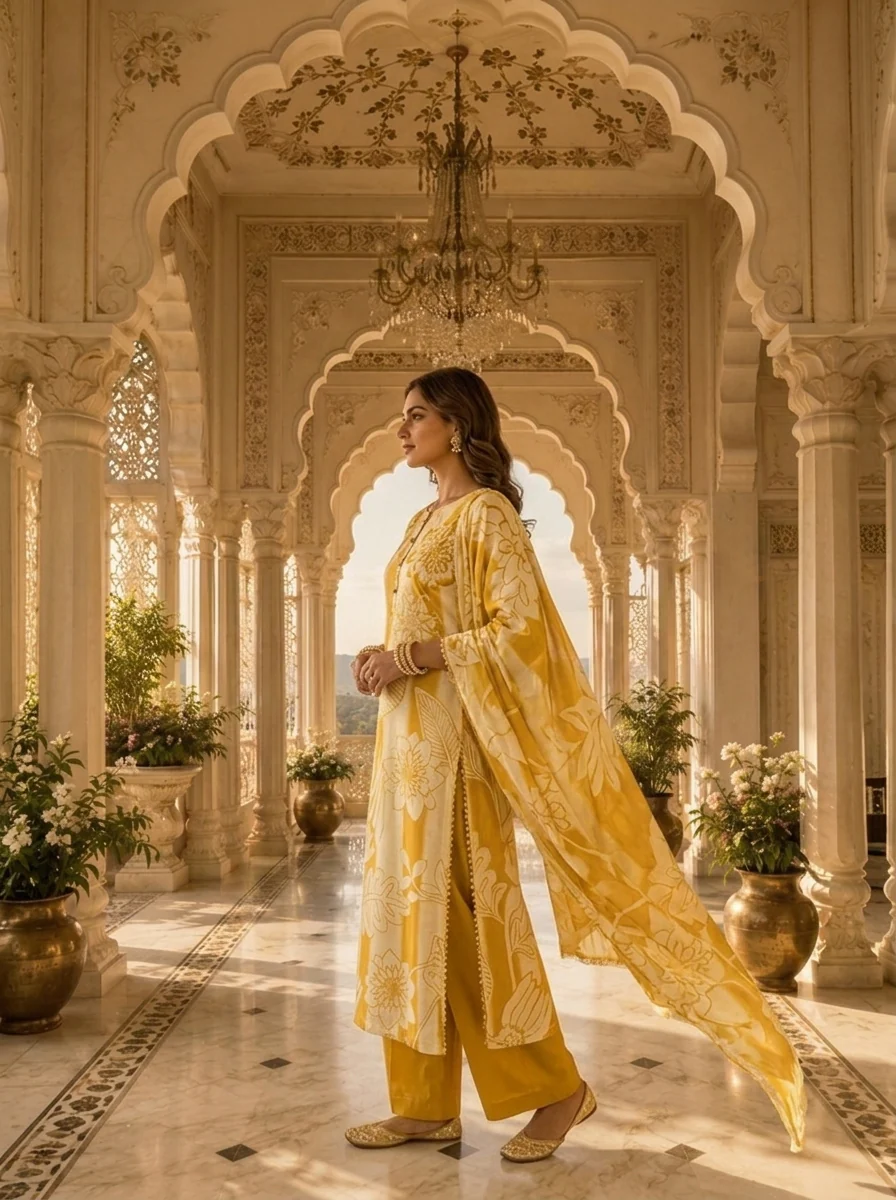 Golden And Cream Linen Floral Printed Three Piece Set - Image 3