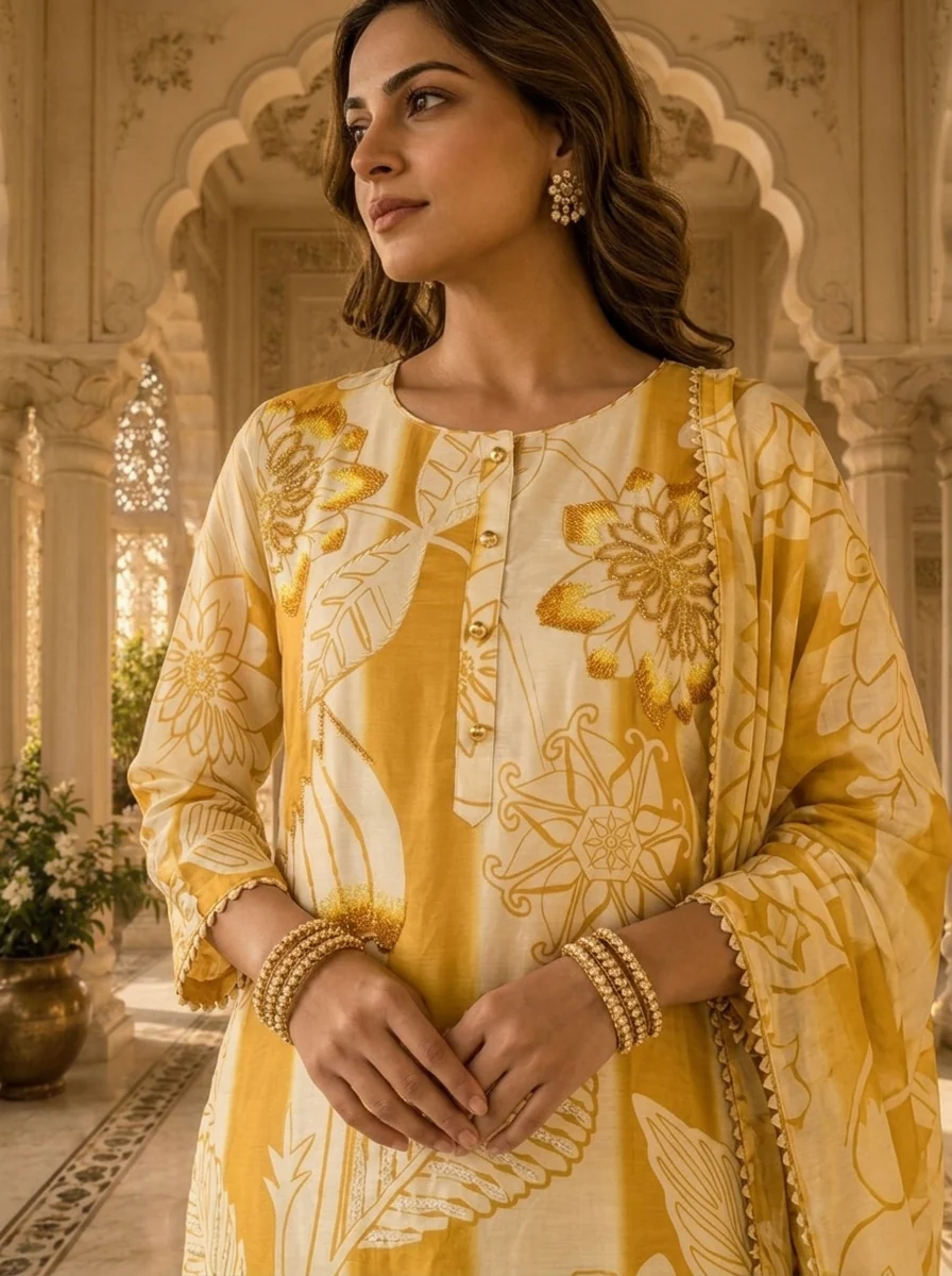 Golden And Cream Linen Floral Printed Three Piece Set - Image 4