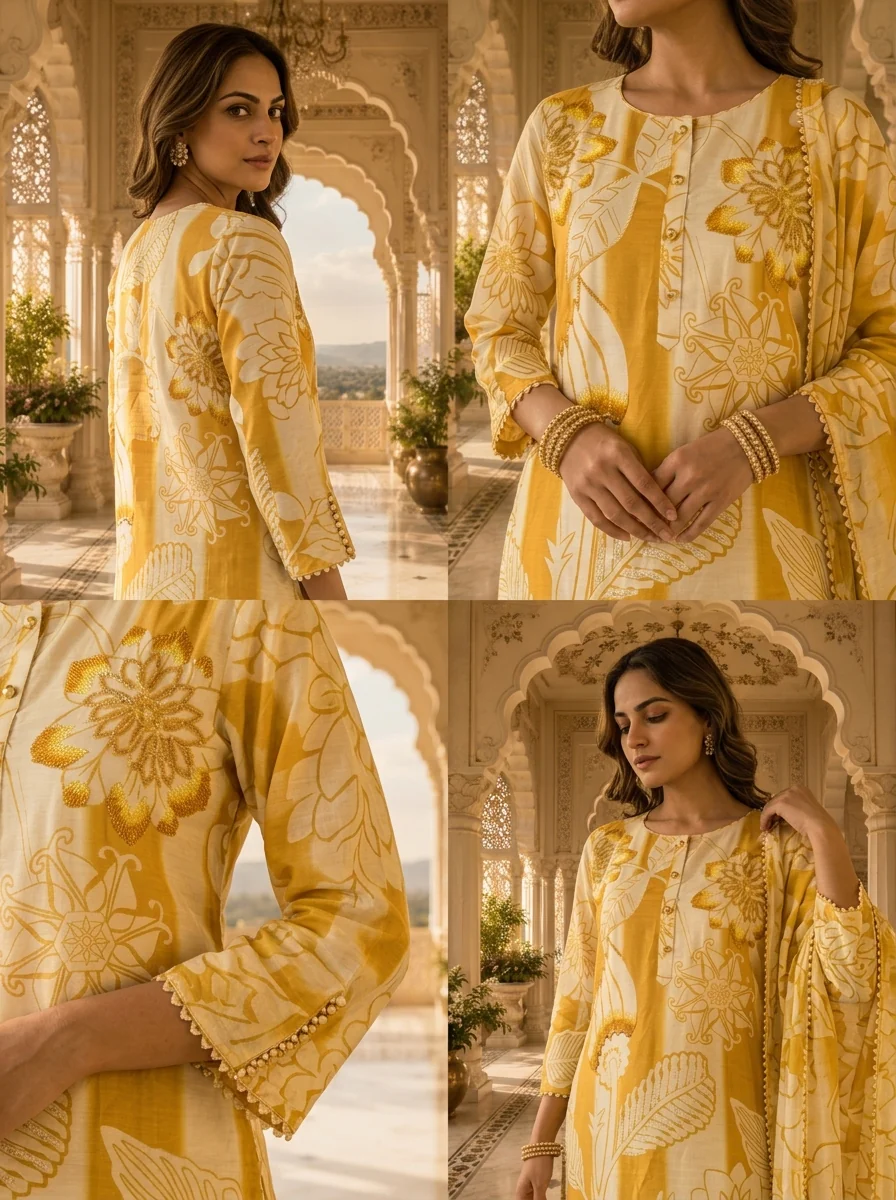 Golden And Cream Linen Floral Printed Three Piece Set - Image 5
