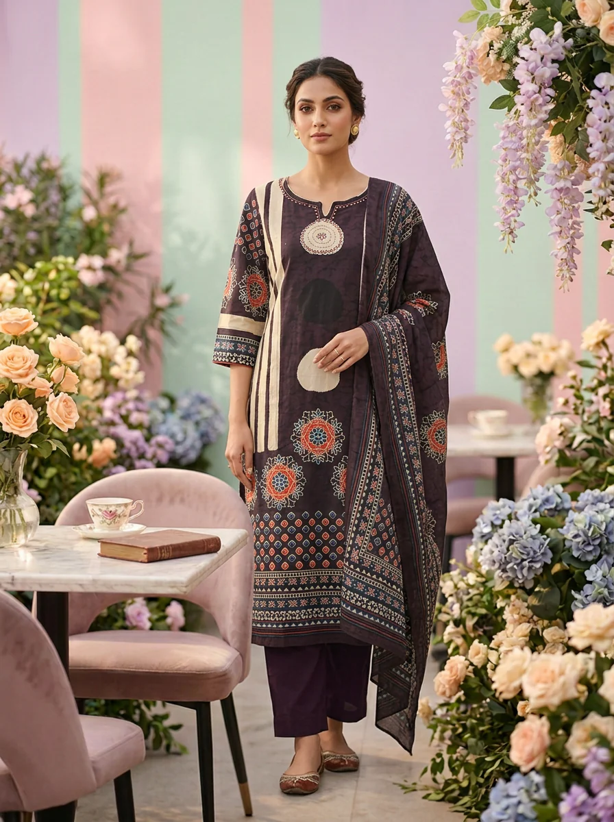 Grape Cotton Printed Three Piece Set