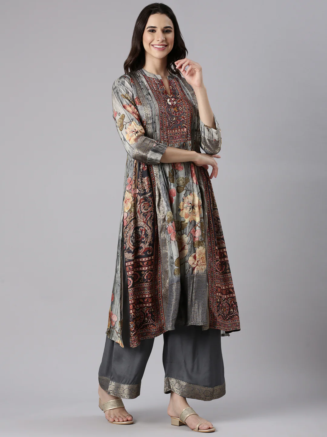 Gray Silk Ajrak Print Three Piece Set - Image 2