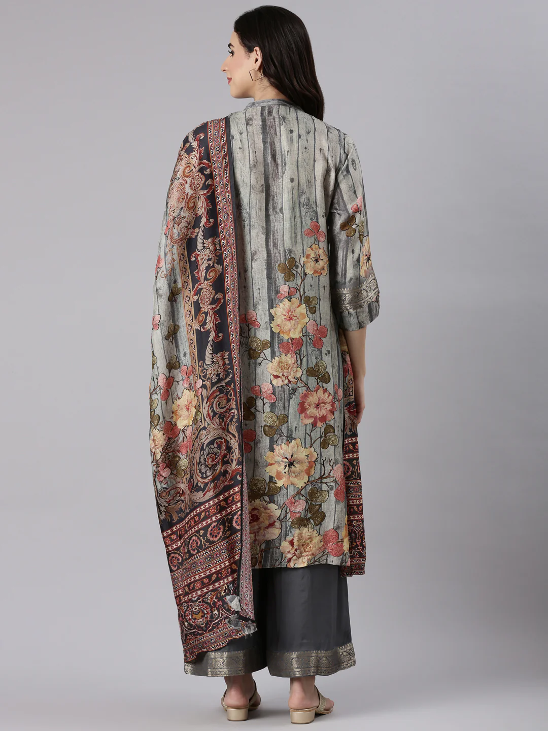 Gray Silk Ajrak Print Three Piece Set - Image 3