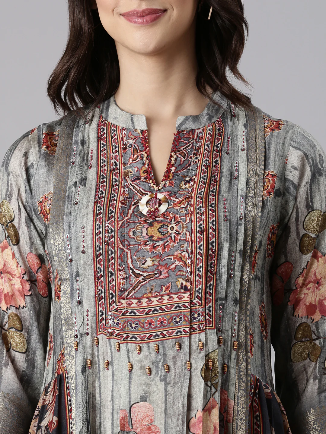 Gray Silk Ajrak Print Three Piece Set - Image 4