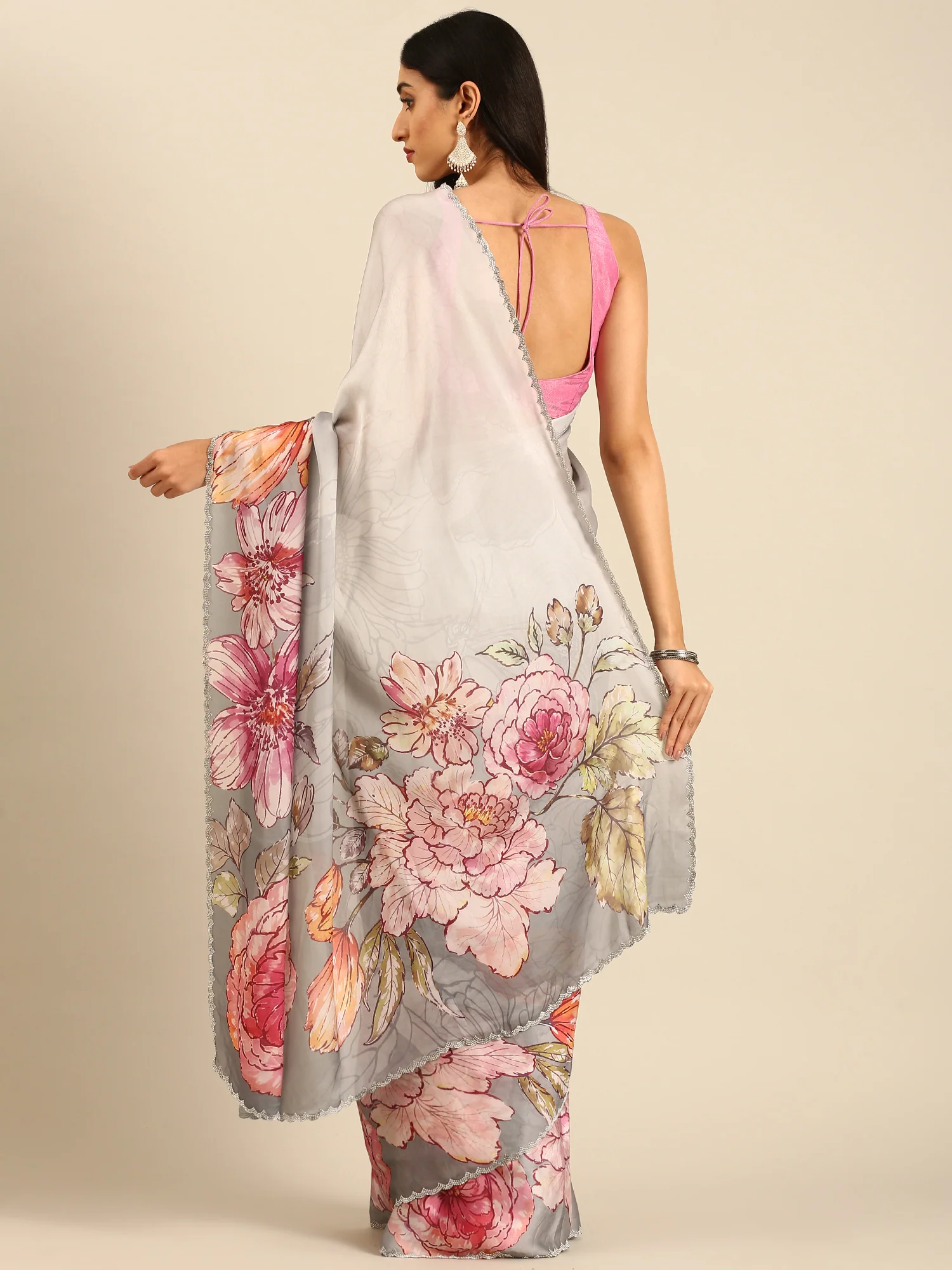 Great Satin Floral Printed Saree With Swarovski Embroidery - Image 2