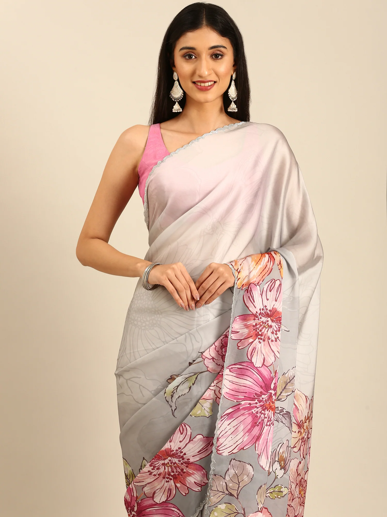 Great Satin Floral Printed Saree With Swarovski Embroidery - Image 3
