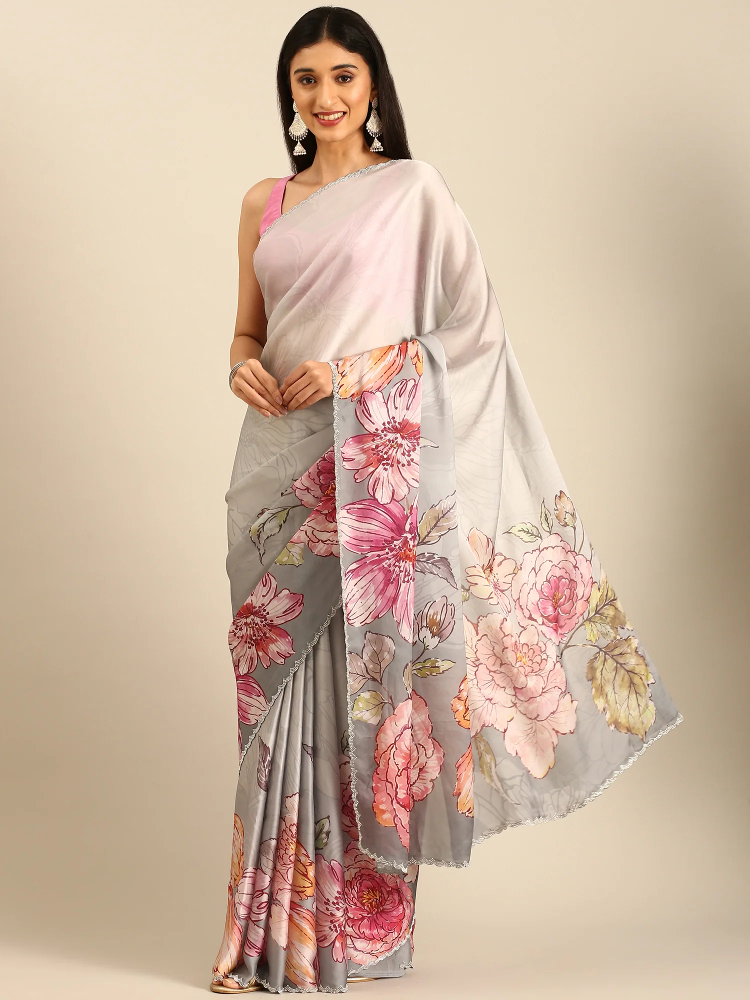 Great Satin Floral Printed Saree With Swarovski Embroidery - Image 4