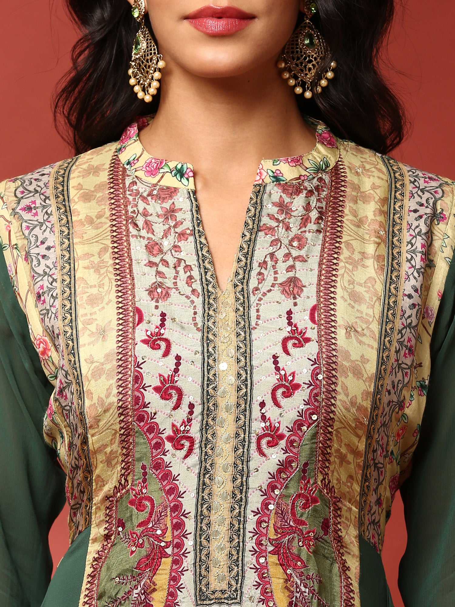 Green and Mustard digital printed embroidered anarkali three piece set - Image 4