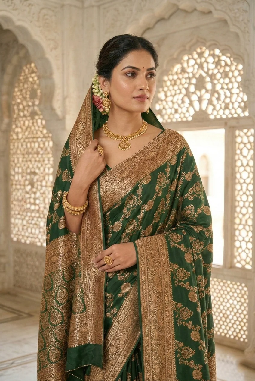 Green Banaras Floral Pattu Saree - Image 2