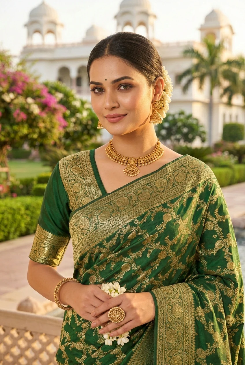 Green Banaras Floral Pattu Saree - Image 2