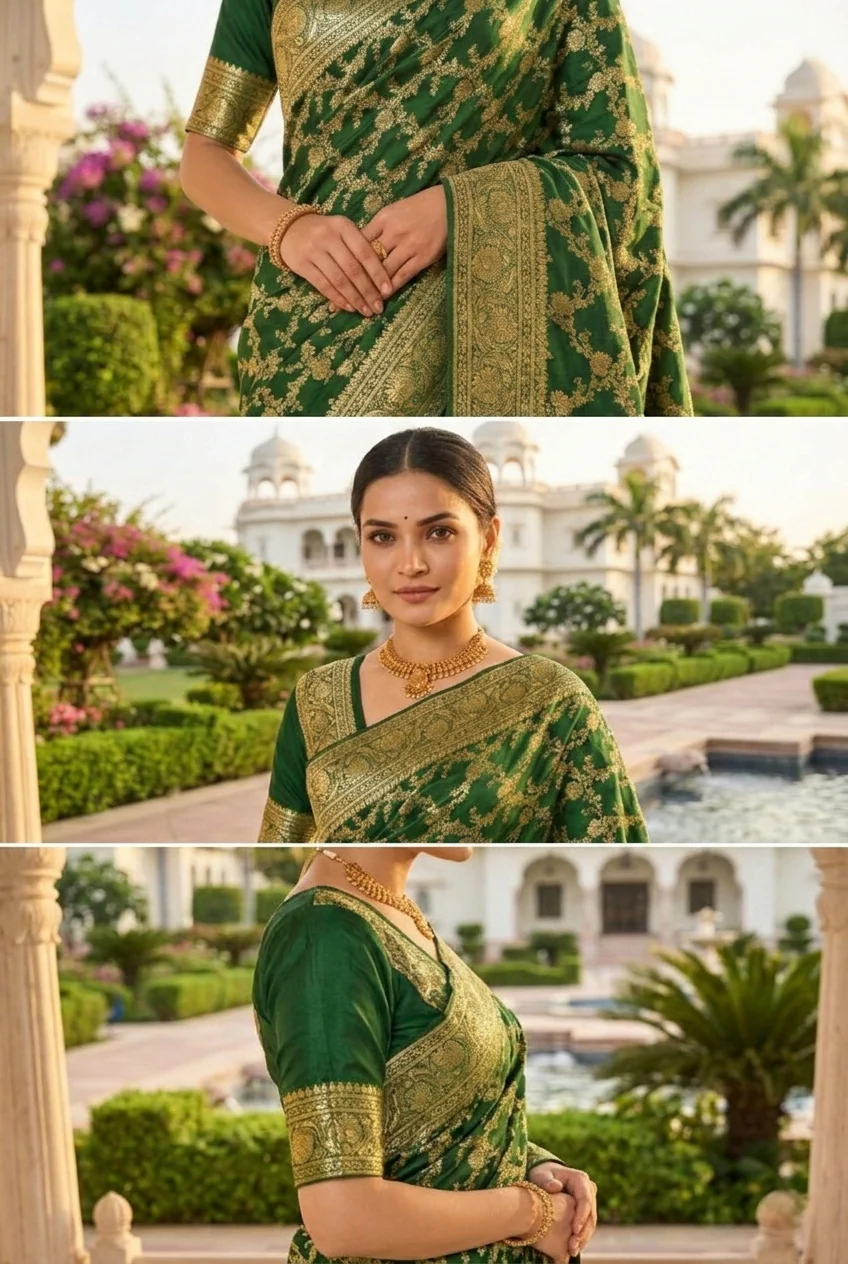 Green Banaras Floral Pattu Saree - Image 3