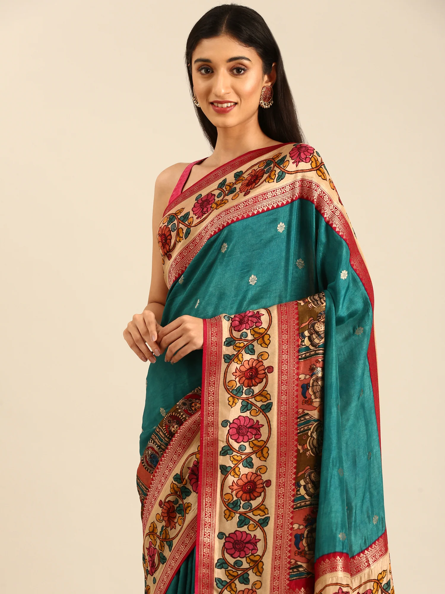 Green Banaras Silk Saree With Kalamkari Printed Border - Image 2