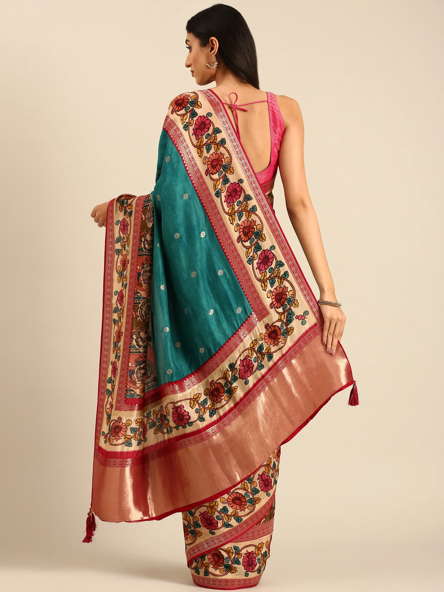 Green Banaras Silk Saree With Kalamkari Printed Border - Image 3