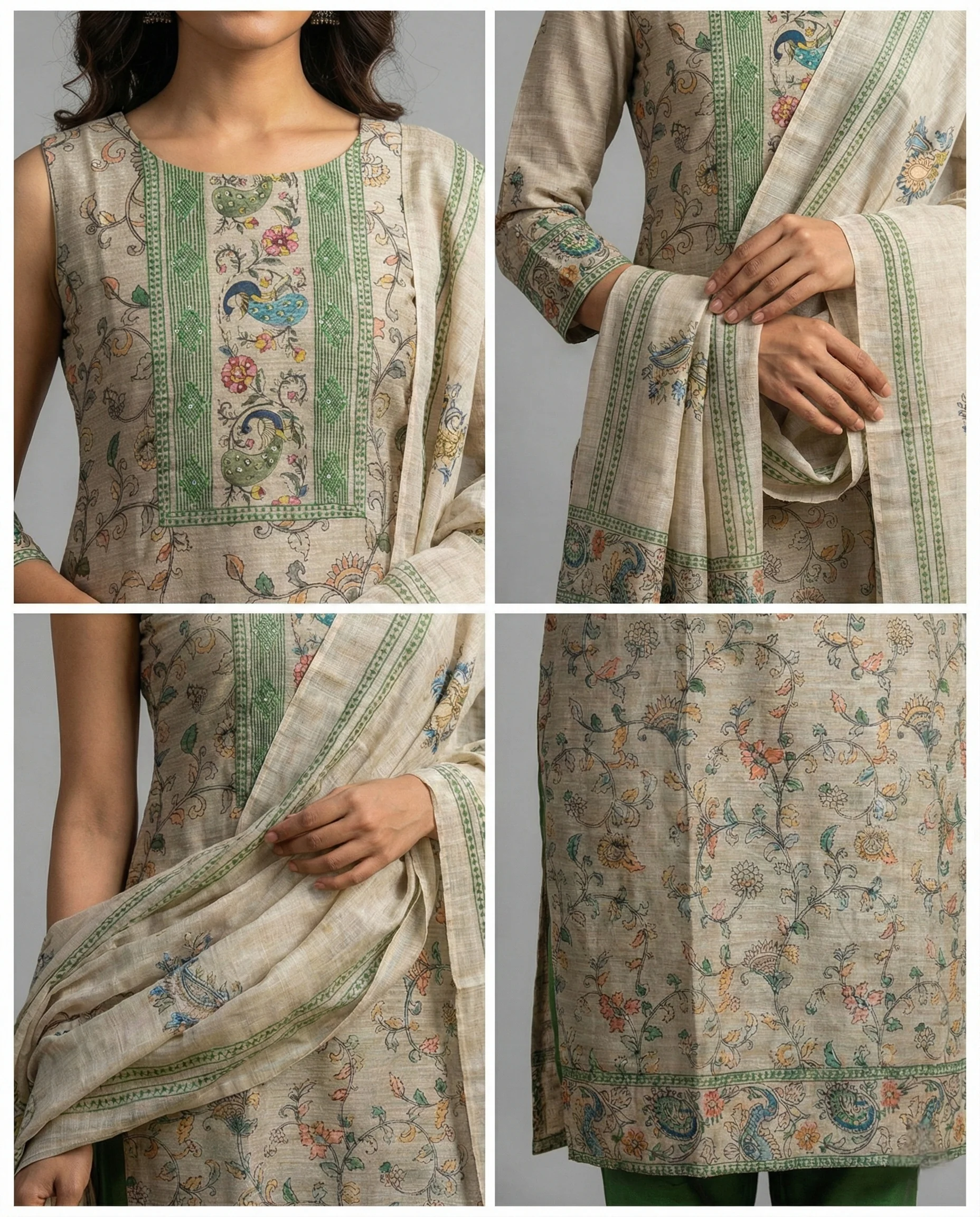 Green Chanderi Silk Floral Printed Three Piece Set - Image 3