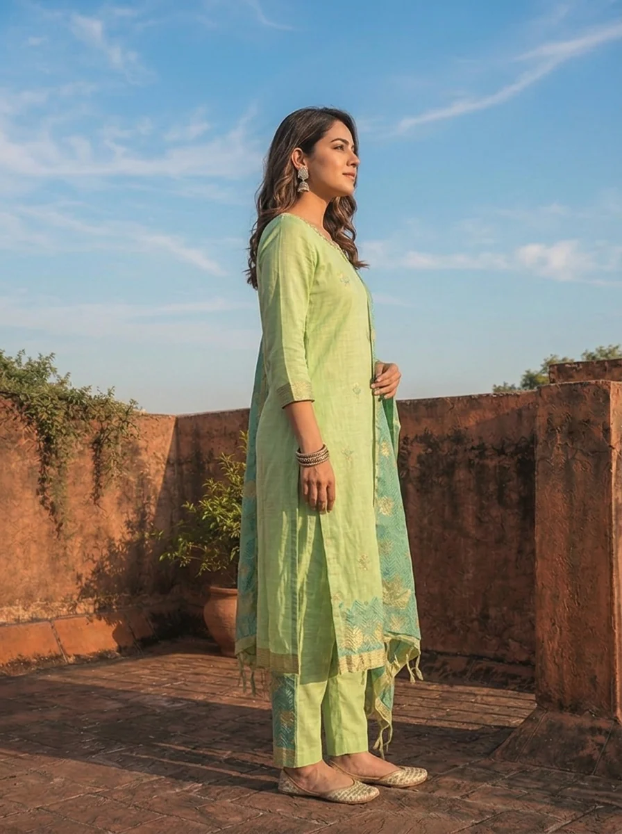Green Chanderi Silk Maple Leaf Weaved Three Piece Set - Image 2