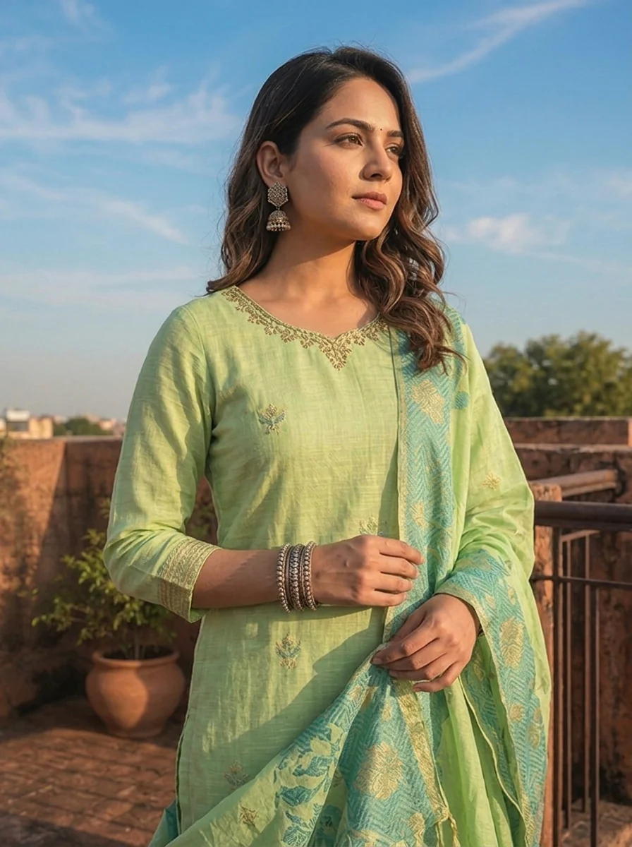 Green Chanderi Silk Maple Leaf Weaved Three Piece Set - Image 3