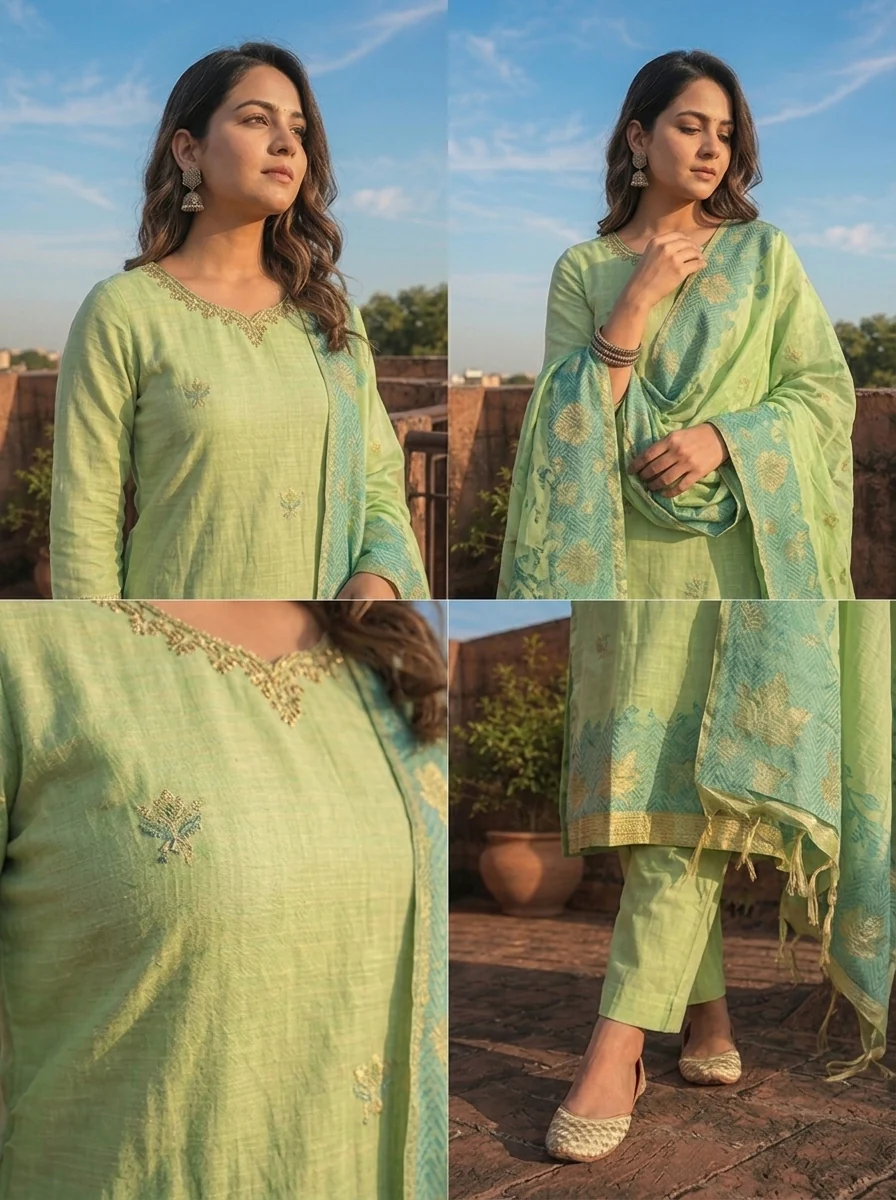 Green Chanderi Silk Maple Leaf Weaved Three Piece Set - Image 4
