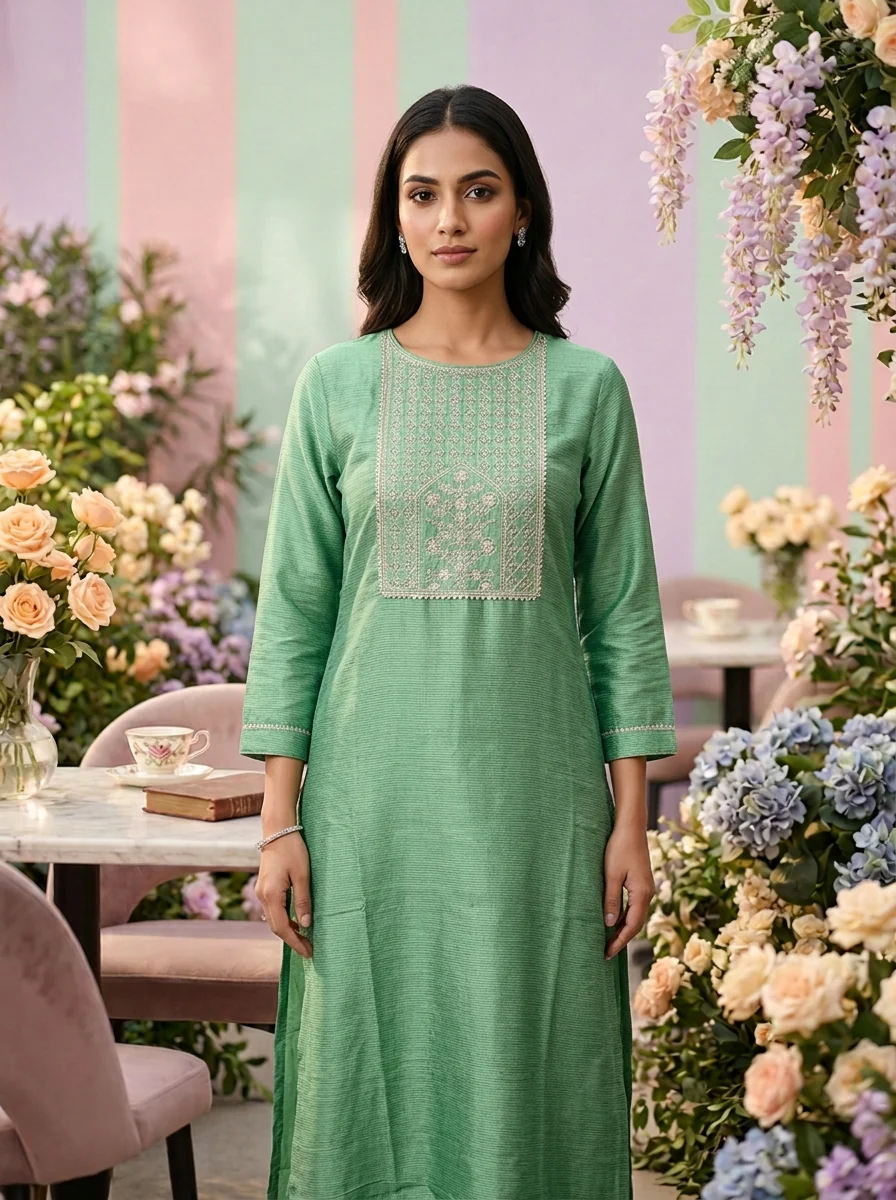 Green Cotton Aari Embroidery Kurta