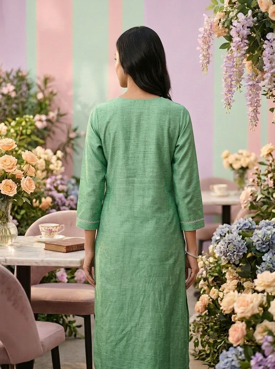 Green Cotton Aari Embroidery Kurta - Image 2