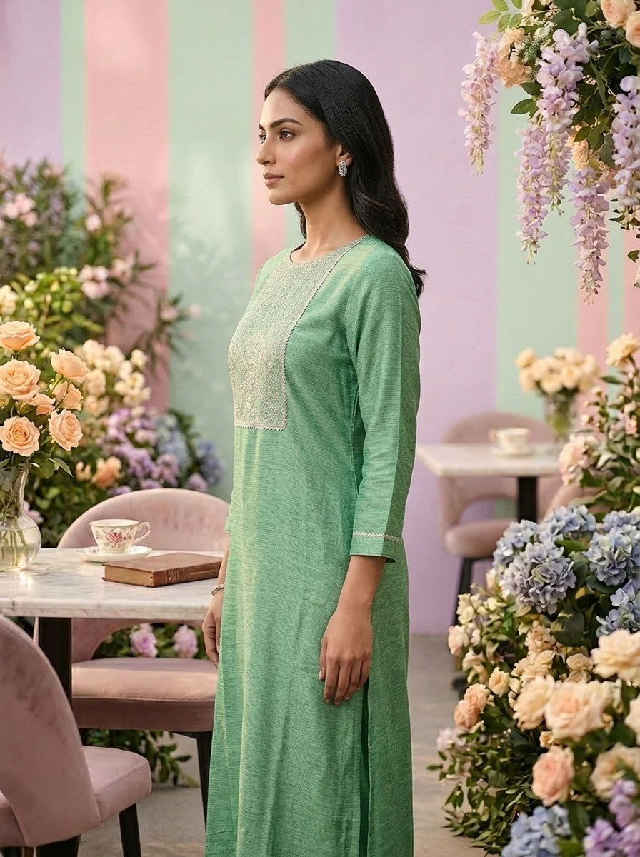 Green Cotton Aari Embroidery Kurta - Image 3