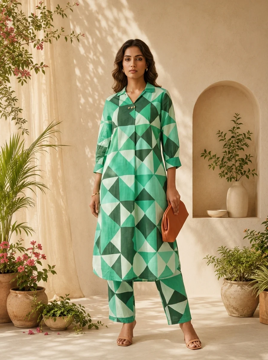 Green Cotton Abstract Printed Two Piece Set - Image 2