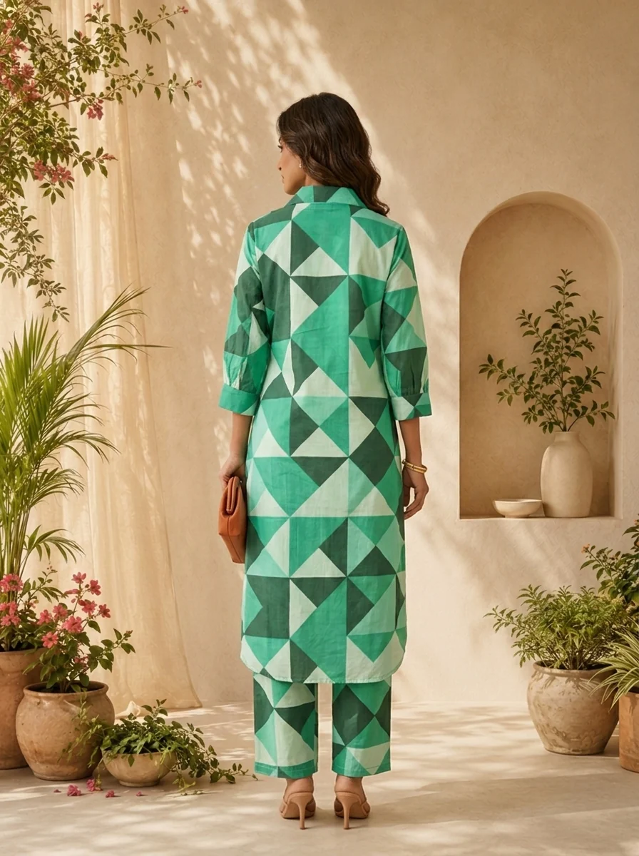 Green Cotton Abstract Printed Two Piece Set - Image 3