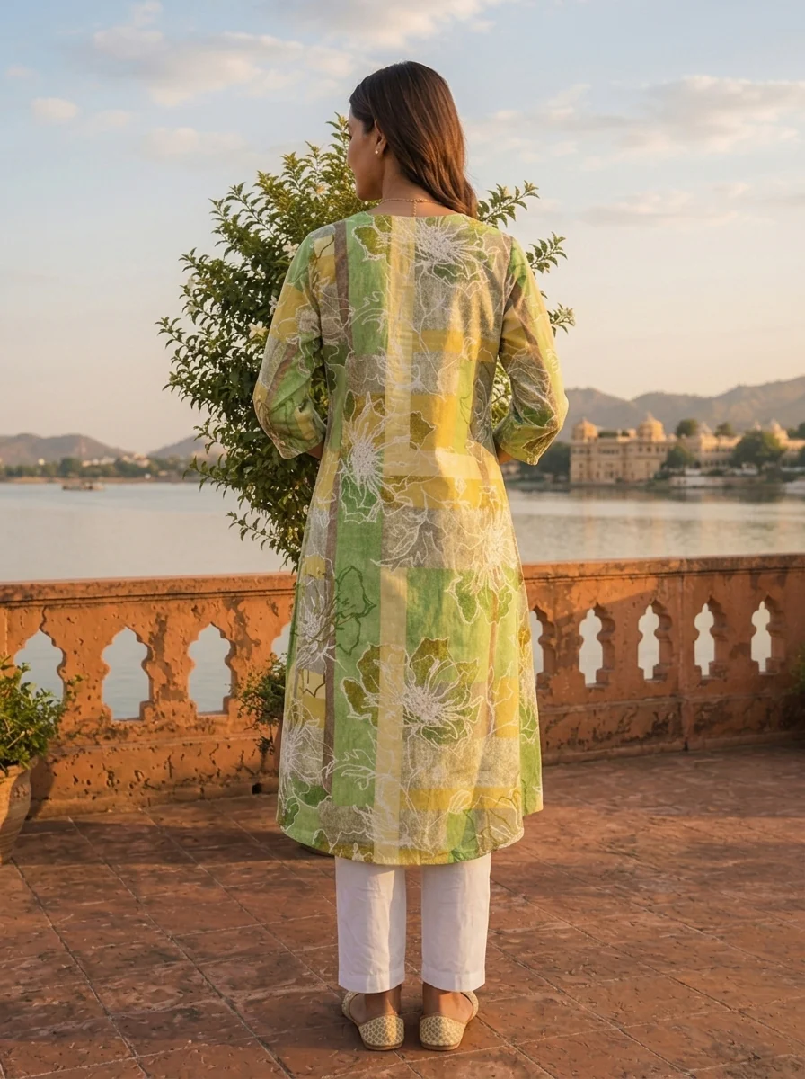 Green Cotton Color Block Printed Kurta - Image 2