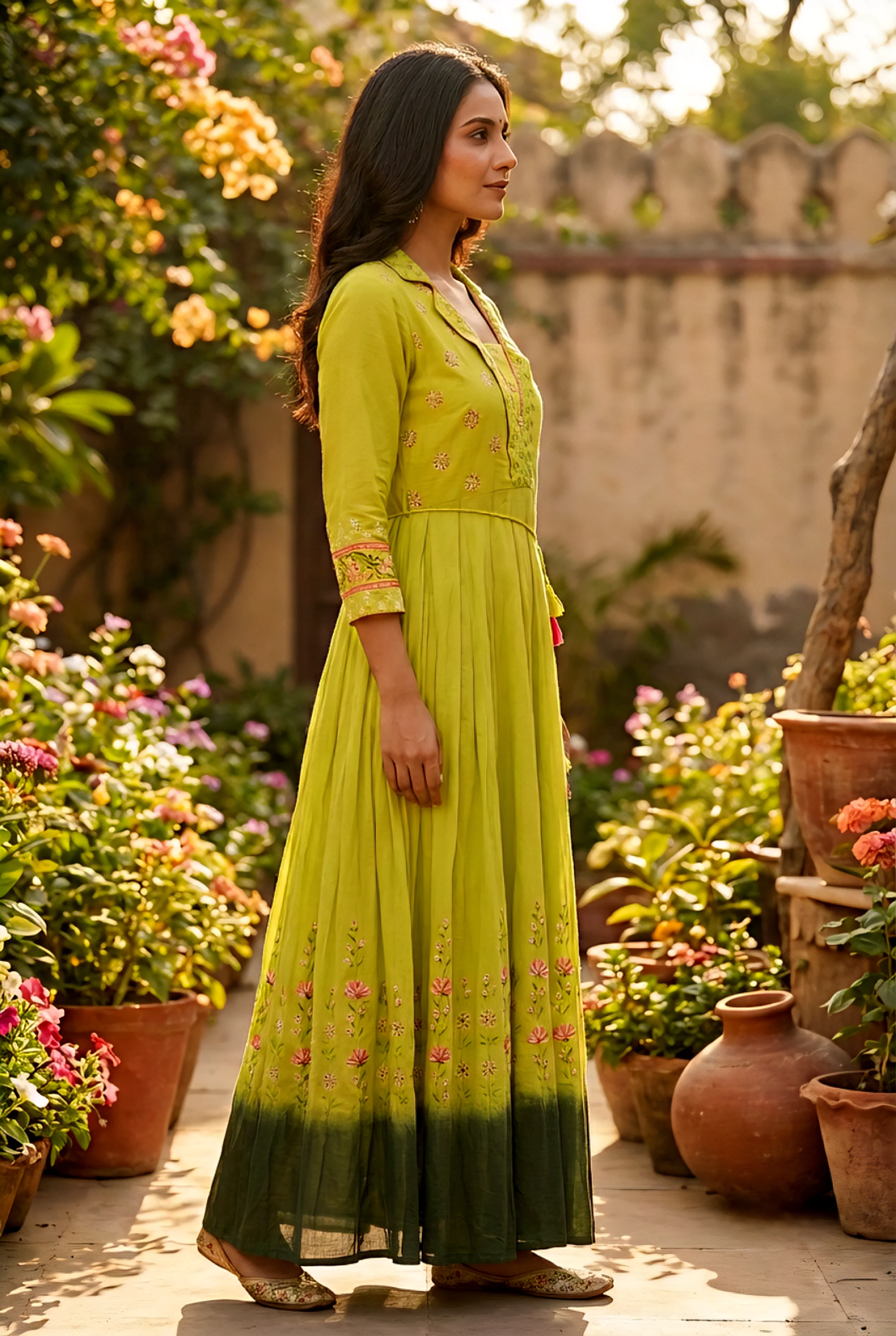 Green Cotton Floral Printed Long Dress - Image 3