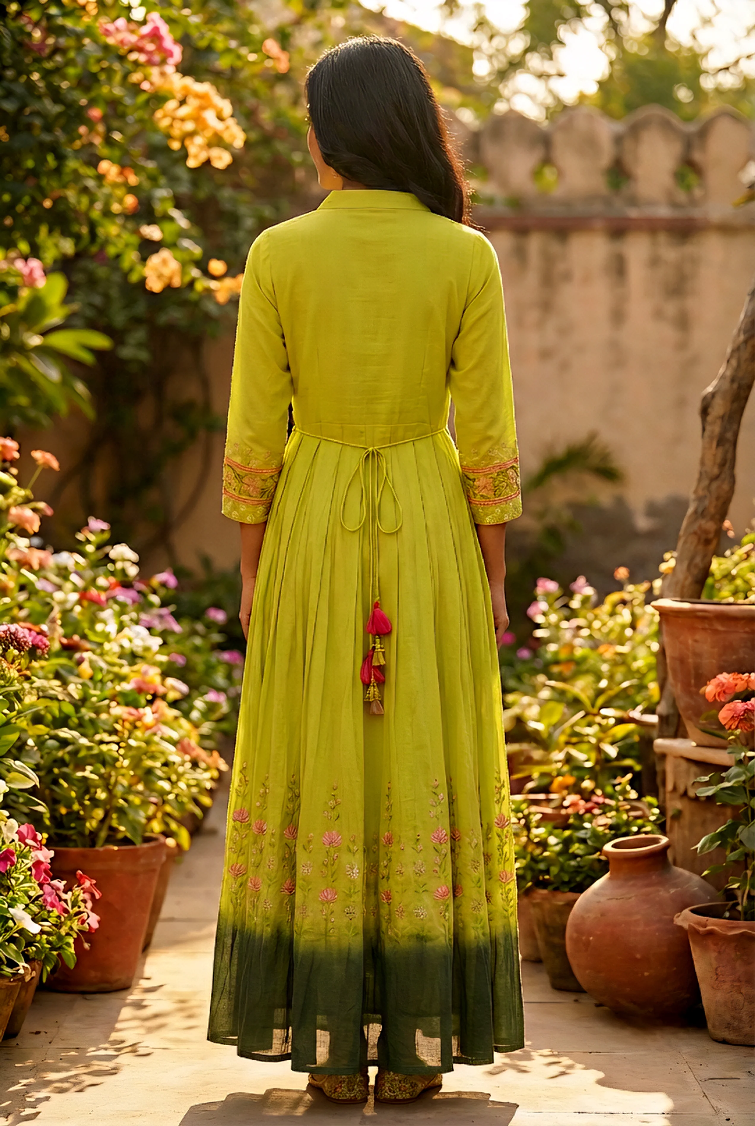 Green Cotton Floral Printed Long Dress - Image 4